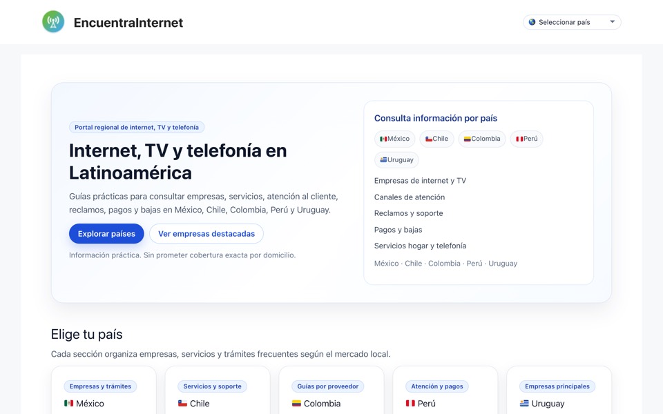 Home de EncuentraInternet, buscador de proveedores de internet por ubicación