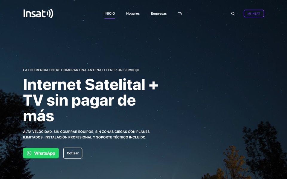 Home de INSAT, con la oferta de internet satelital y TV sobre un cielo nocturno