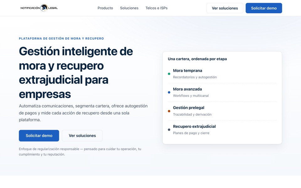 Home de Notificación Legal, plataforma de gestión de mora y recupero extrajudicial